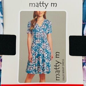 NWT MATTY M floral faux wrap blue slate summer stretch dress Size medium